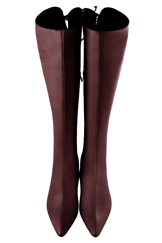 Custom-made women's burgundy red elegant knee-high boots, with laces at the back. Tapered toe. Medium block heels - Top view